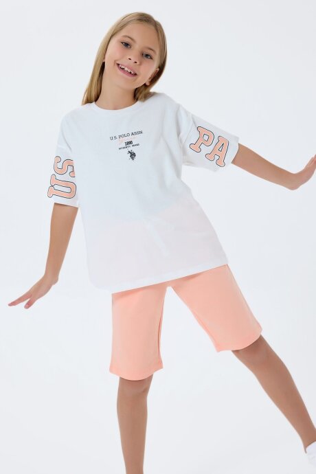 U.S. Polo Assn. Kız Çocuk Bisiklet Yaka Nakışlı Yazlık Regular Fit Beyaz Bermuda Takım US2516-C-V2 (1)