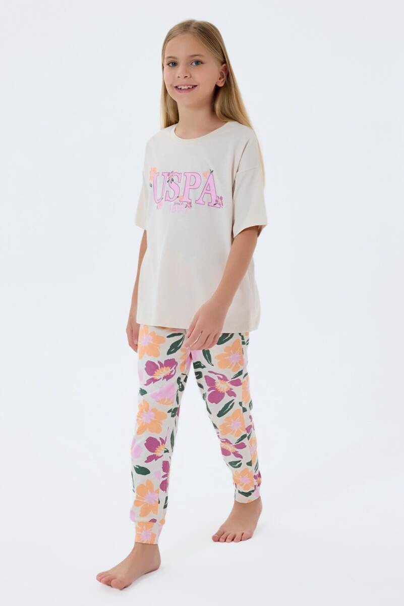 U.S. Polo Assn. Kız Çocuk %100 Pamuk Bisiklet Yaka Nakışlı Yazlık Regular Fit Beyaz Pijama Takımı US2503-C-V1 - 2