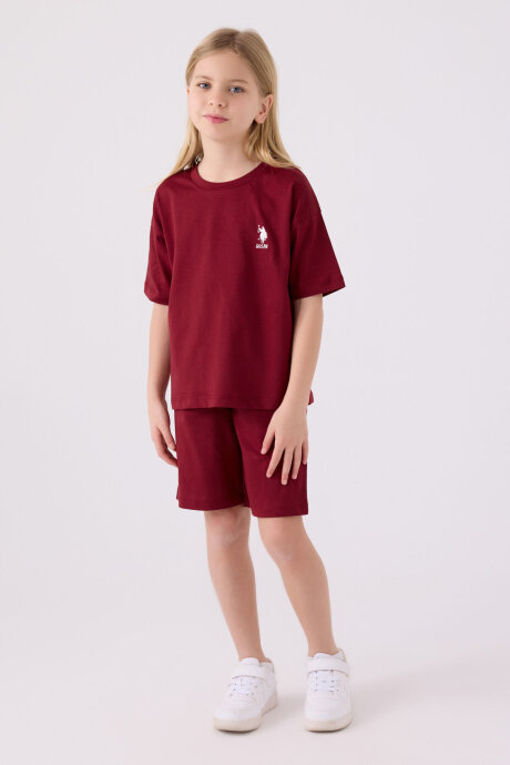 U.S. Polo Assn. Kız Çocuk Pamuklu Bisiklet Yaka Sargı Nakışlı Yazlık Regular Fit Bordo Bermuda Takım US1848-C-V22
