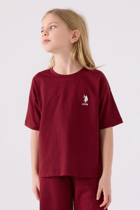 U.S. Polo Assn. Kız Çocuk Pamuklu Bisiklet Yaka Sargı Nakışlı Yazlık Regular Fit Bordo Bermuda Takım US1848-C-V22 - 2