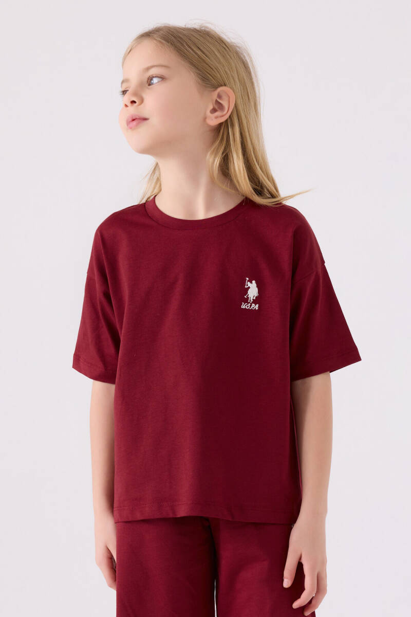 U.S. Polo Assn. Kız Çocuk Pamuklu Bisiklet Yaka Sargı Nakışlı Yazlık Regular Fit Bordo Bermuda Takım US1848-C-V22 - 2