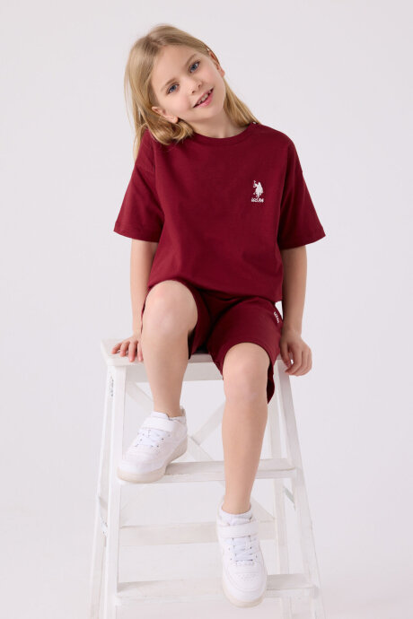U.S. Polo Assn. Kız Çocuk Pamuklu Bisiklet Yaka Sargı Nakışlı Yazlık Regular Fit Bordo Bermuda Takım US1848-C-V22 - 3
