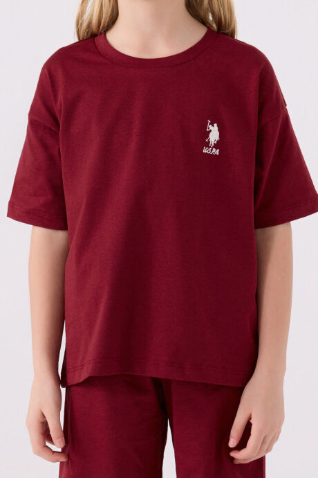 U.S. Polo Assn. Kız Çocuk Pamuklu Bisiklet Yaka Sargı Nakışlı Yazlık Regular Fit Bordo Bermuda Takım US1848-C-V22 - 4
