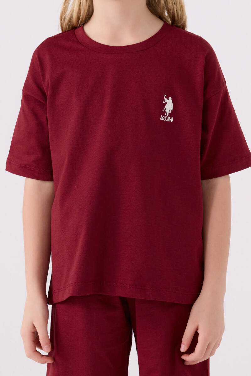 U.S. Polo Assn. Kız Çocuk Pamuklu Bisiklet Yaka Sargı Nakışlı Yazlık Regular Fit Bordo Bermuda Takım US1848-C-V22 - 4