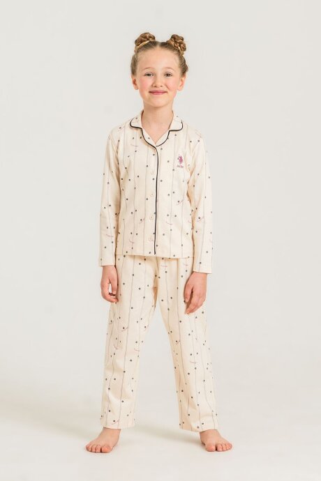 U.S. Polo Assn. Kız Çocuk Nakışlı Krem Gömlek Uzun Kol Pijama Takımı US2726-C-V1 (1)