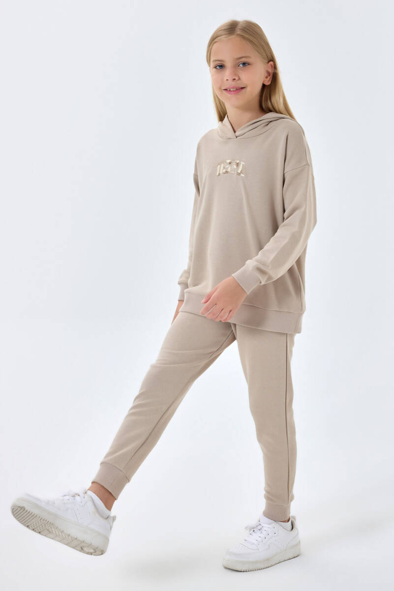 U.S. Polo Assn. Kız Çocuk Pamuklu Kapüşonlu Sargı Nakışlı Kışlık Regular Fit Krem Eşofman Takımı US1662-C-V3 - 2