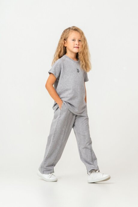 U.S. Polo Assn. Kız Çocuk %100 Pamuk Bisiklet Yaka Nakışlı Yazlık Regular Fit Gri Pijama Takımı US2529-C-V1 - 5