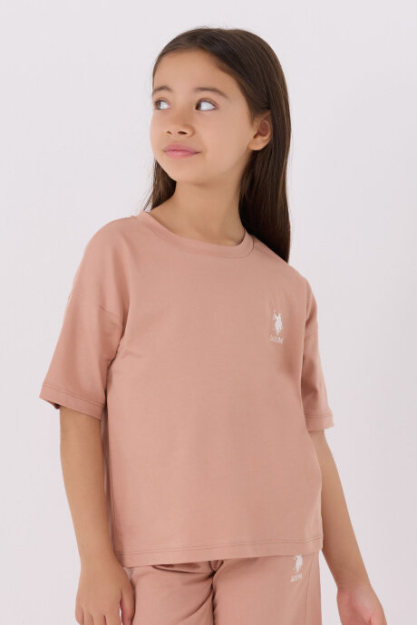 U.S. Polo Assn. Kız Çocuk Pamuklu Bisiklet Yaka Sargı Nakışlı Yazlık Regular Fit Pembe Bermuda Takım US1848-C-V14 - 2