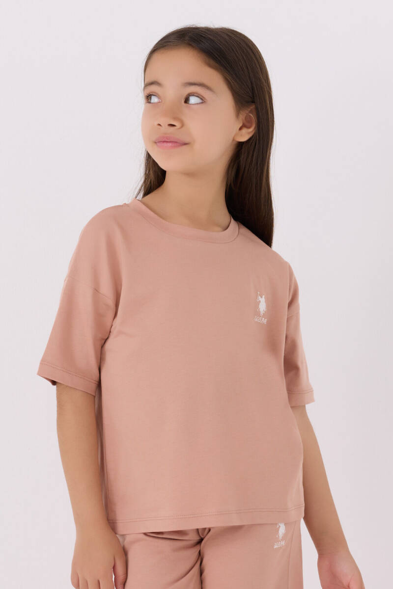 U.S. Polo Assn. Kız Çocuk Pamuklu Bisiklet Yaka Sargı Nakışlı Yazlık Regular Fit Pembe Bermuda Takım US1848-C-V14 - 2