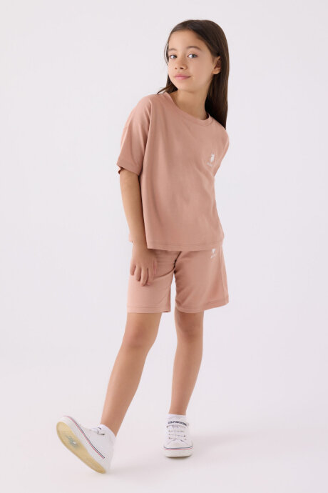 U.S. Polo Assn. Kız Çocuk Pamuklu Bisiklet Yaka Sargı Nakışlı Yazlık Regular Fit Pembe Bermuda Takım US1848-C-V14 - 3