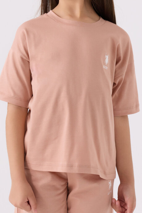 U.S. Polo Assn. Kız Çocuk Pamuklu Bisiklet Yaka Sargı Nakışlı Yazlık Regular Fit Pembe Bermuda Takım US1848-C-V14 - 4