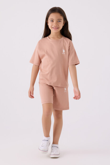 U.S. Polo Assn. Kız Çocuk Bisiklet Yaka Sargı Nakışlı Yazlık Regular Fit Pembe Bermuda Takım US1848-C-V14 