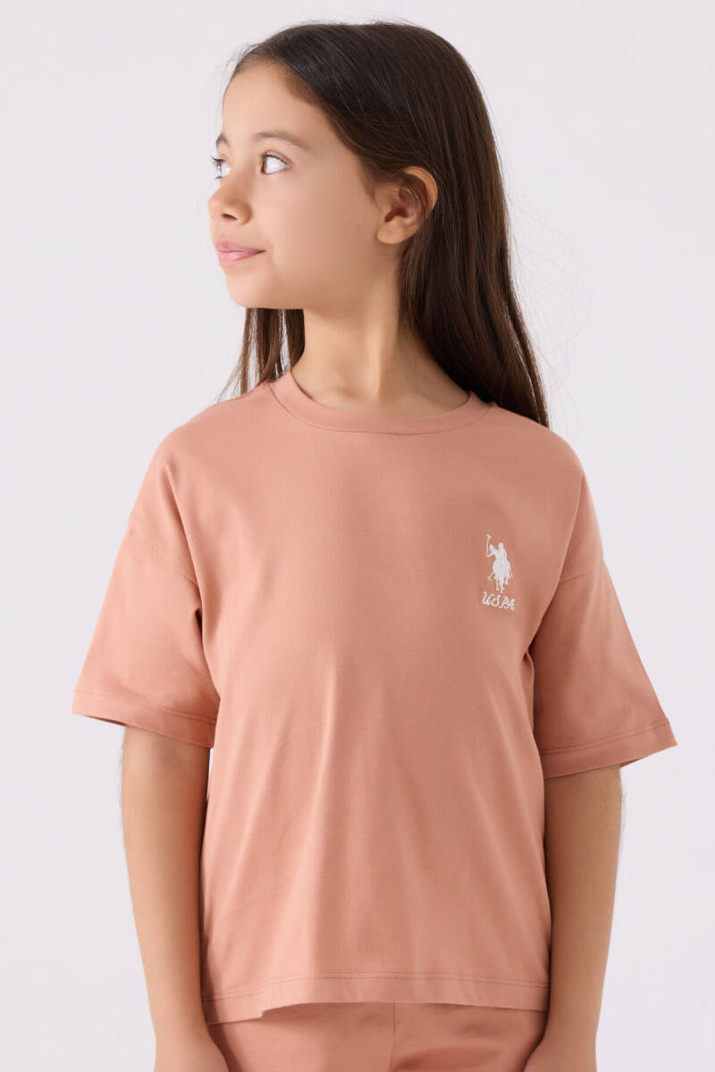 U.S. Polo Assn. Kız Çocuk Pamuklu Bisiklet Yaka Sargı Nakışlı Yazlık Regular Fit Kahverengi Bermuda Takım US1848-C-V34 - 2