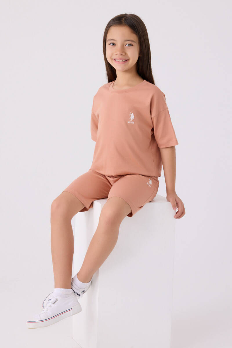 U.S. Polo Assn. Kız Çocuk Pamuklu Bisiklet Yaka Sargı Nakışlı Yazlık Regular Fit Kahverengi Bermuda Takım US1848-C-V34 - 3