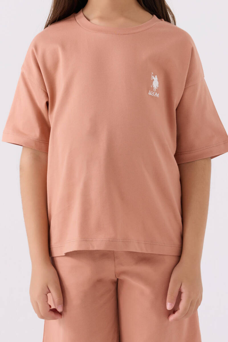 U.S. Polo Assn. Kız Çocuk Pamuklu Bisiklet Yaka Sargı Nakışlı Yazlık Regular Fit Kahverengi Bermuda Takım US1848-C-V34 - 4