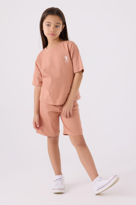 U.S. Polo Assn. Kız Çocuk Bisiklet Yaka Sargı Nakışlı Yazlık Regular Fit Kahverengi Bermuda Takım US1848-C-V34 