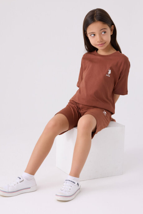 U.S. Polo Assn. Kız Çocuk Bisiklet Yaka Sargı Nakışlı Yazlık Regular Fit Kahverengi Bermuda Takım US1848-C-V48 - 3