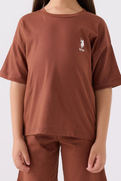 U.S. Polo Assn. Kız Çocuk Bisiklet Yaka Sargı Nakışlı Yazlık Regular Fit Kahverengi Bermuda Takım US1848-C-V48 - 4