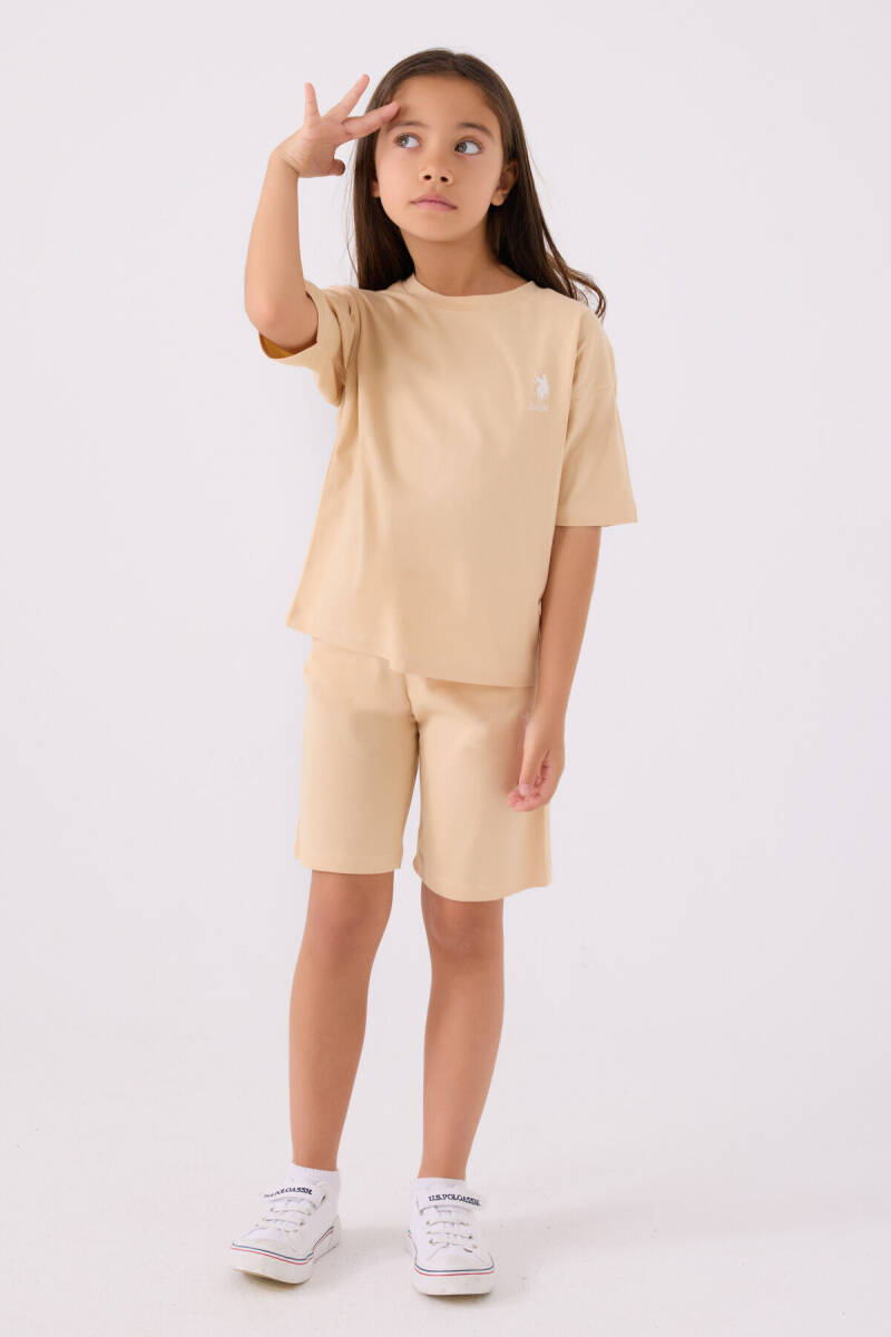U.S. Polo Assn. Kız Çocuk Bisiklet Yaka Sargı Nakışlı Yazlık Regular Fit Krem Bermuda Takım US1848-C-V57 - 3