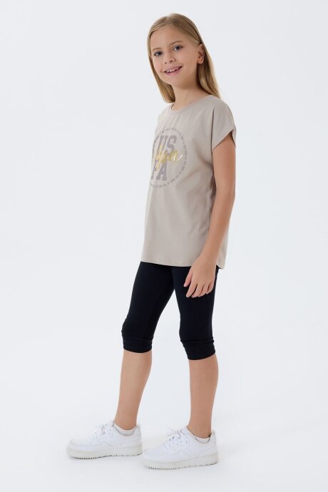 U.S. Polo Assn. Kız Çocuk Bisiklet Yaka Nakışlı Yazlık Relaxed Fit Kahverengi Tayt Takım US2511-C-V2 - 5