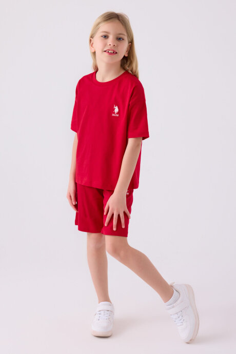 U.S. Polo Assn. Kız Çocuk Pamuklu Bisiklet Yaka Sargı Nakışlı Yazlık Regular Fit Kırmızı Bermuda Takım US1848-C-V29