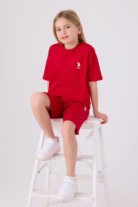 U.S. Polo Assn. Kız Çocuk Pamuklu Bisiklet Yaka Sargı Nakışlı Yazlık Regular Fit Kırmızı Bermuda Takım US1848-C-V29 - 3