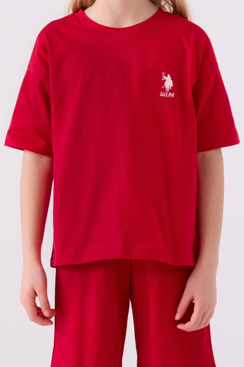 U.S. Polo Assn. Kız Çocuk Pamuklu Bisiklet Yaka Sargı Nakışlı Yazlık Regular Fit Kırmızı Bermuda Takım US1848-C-V29 - 4