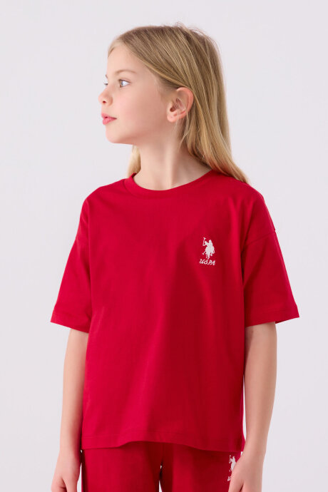 U.S. Polo Assn. Kız Çocuk Bisiklet Yaka Sargı Nakışlı Yazlık Regular Fit Kırmızı Bermuda Takım US1848-C-V29 (1)