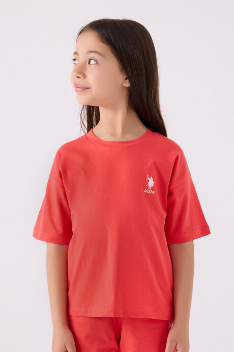 U.S. Polo Assn. Kız Çocuk Pamuklu Bisiklet Yaka Sargı Nakışlı Yazlık Regular Fit Pembe Bermuda Takım US1848-C-V8 - 2
