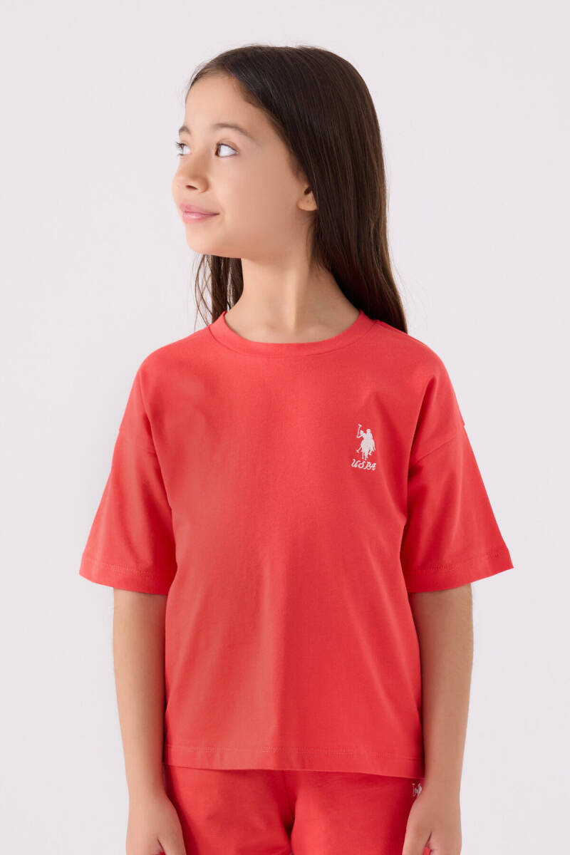 U.S. Polo Assn. Kız Çocuk Pamuklu Bisiklet Yaka Sargı Nakışlı Yazlık Regular Fit Pembe Bermuda Takım US1848-C-V8 - 2