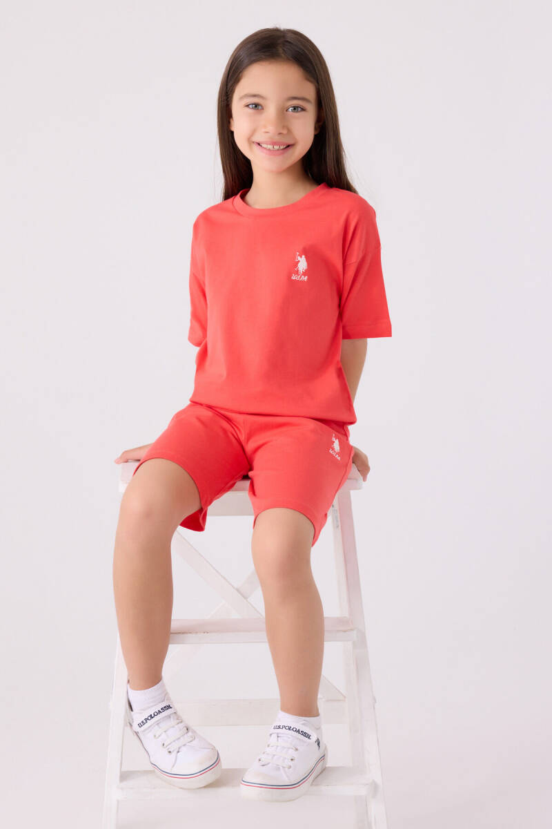 U.S. Polo Assn. Kız Çocuk Pamuklu Bisiklet Yaka Sargı Nakışlı Yazlık Regular Fit Pembe Bermuda Takım US1848-C-V8 - 3
