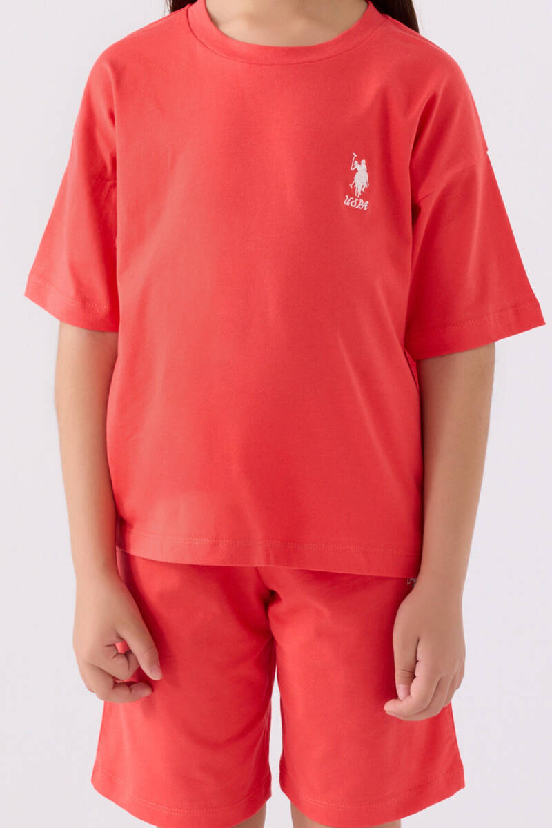 U.S. Polo Assn. Kız Çocuk Pamuklu Bisiklet Yaka Sargı Nakışlı Yazlık Regular Fit Pembe Bermuda Takım US1848-C-V8 - 4