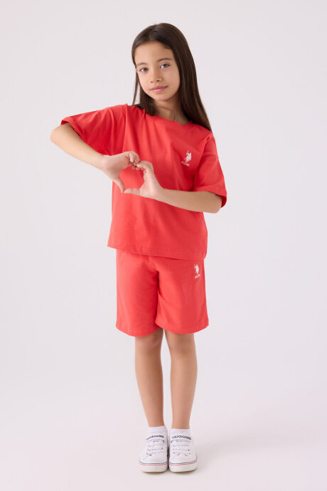 U.S. Polo Assn. Kız Çocuk Bisiklet Yaka Sargı Nakışlı Yazlık Regular Fit Pembe Bermuda Takım US1848-C-V8 