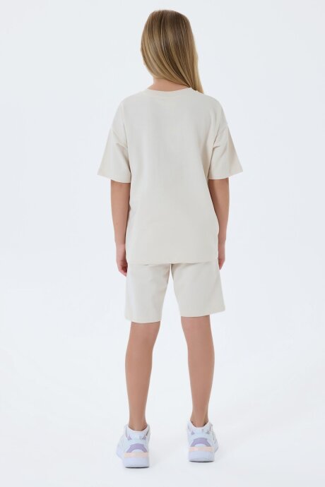 U.S. Polo Assn. Kız Çocuk %100 Pamuk Bisiklet Yaka Nakışlı Yazlık Regular Fit Krem Bermuda Takım US2527-C-V4 - 4