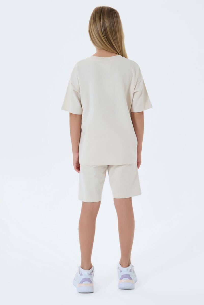U.S. Polo Assn. Kız Çocuk %100 Pamuk Bisiklet Yaka Nakışlı Yazlık Regular Fit Krem Bermuda Takım US2527-C-V4 - 4