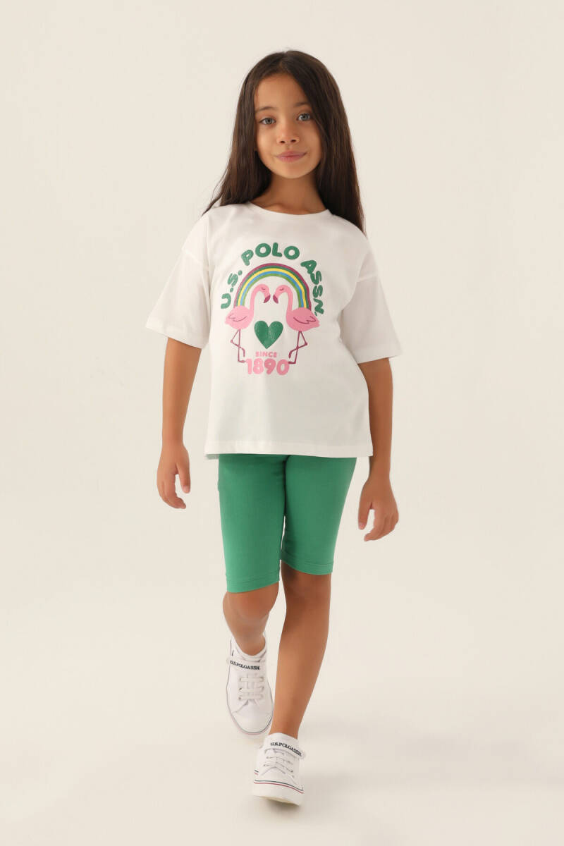 U.S. Polo Assn. Kız Çocuk Pamuklu Bisiklet Yaka Pigment Baskılı Yazlık Regular Fit Beyaz Bermuda Takım US1841-C-V2 - 1