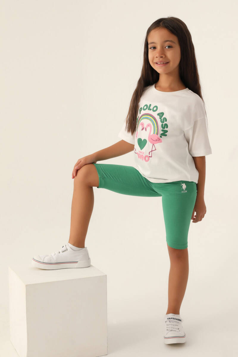 U.S. Polo Assn. Kız Çocuk Pamuklu Bisiklet Yaka Pigment Baskılı Yazlık Regular Fit Beyaz Bermuda Takım US1841-C-V2 - 2