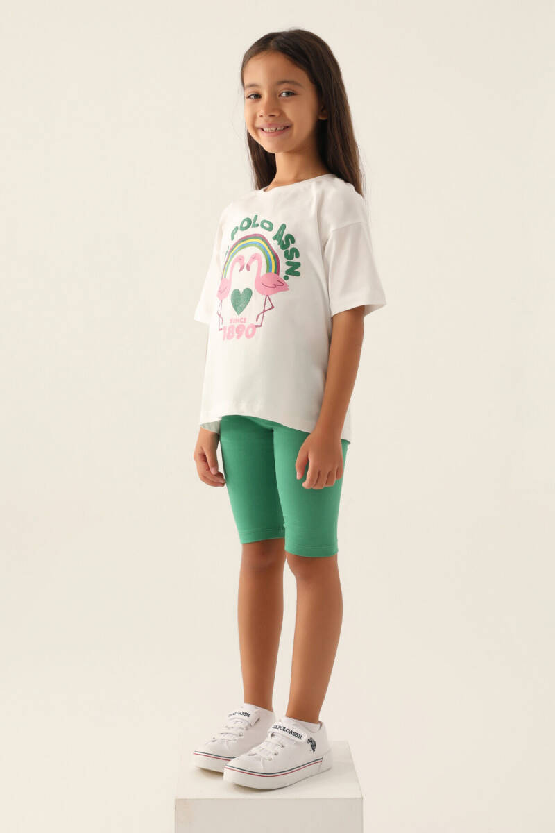 U.S. Polo Assn. Kız Çocuk Pamuklu Bisiklet Yaka Pigment Baskılı Yazlık Regular Fit Beyaz Bermuda Takım US1841-C-V2 - 3