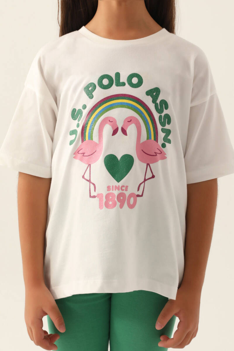 U.S. Polo Assn. Kız Çocuk Pamuklu Bisiklet Yaka Pigment Baskılı Yazlık Regular Fit Beyaz Bermuda Takım US1841-C-V2 - 4