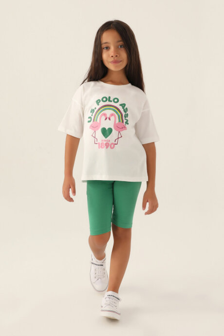 U.S. Polo Assn. Kız Çocuk Bisiklet Yaka Pigment Baskılı Yazlık Regular Fit Beyaz Bermuda Takım US1841-C-V2 