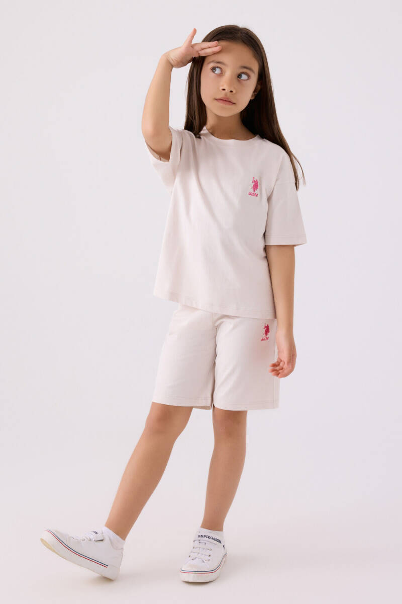 U.S. Polo Assn. Kız Çocuk Pamuklu Bisiklet Yaka Sargı Nakışlı Yazlık Regular Fit Krem Bermuda Takım US1848-C-V18 - 1