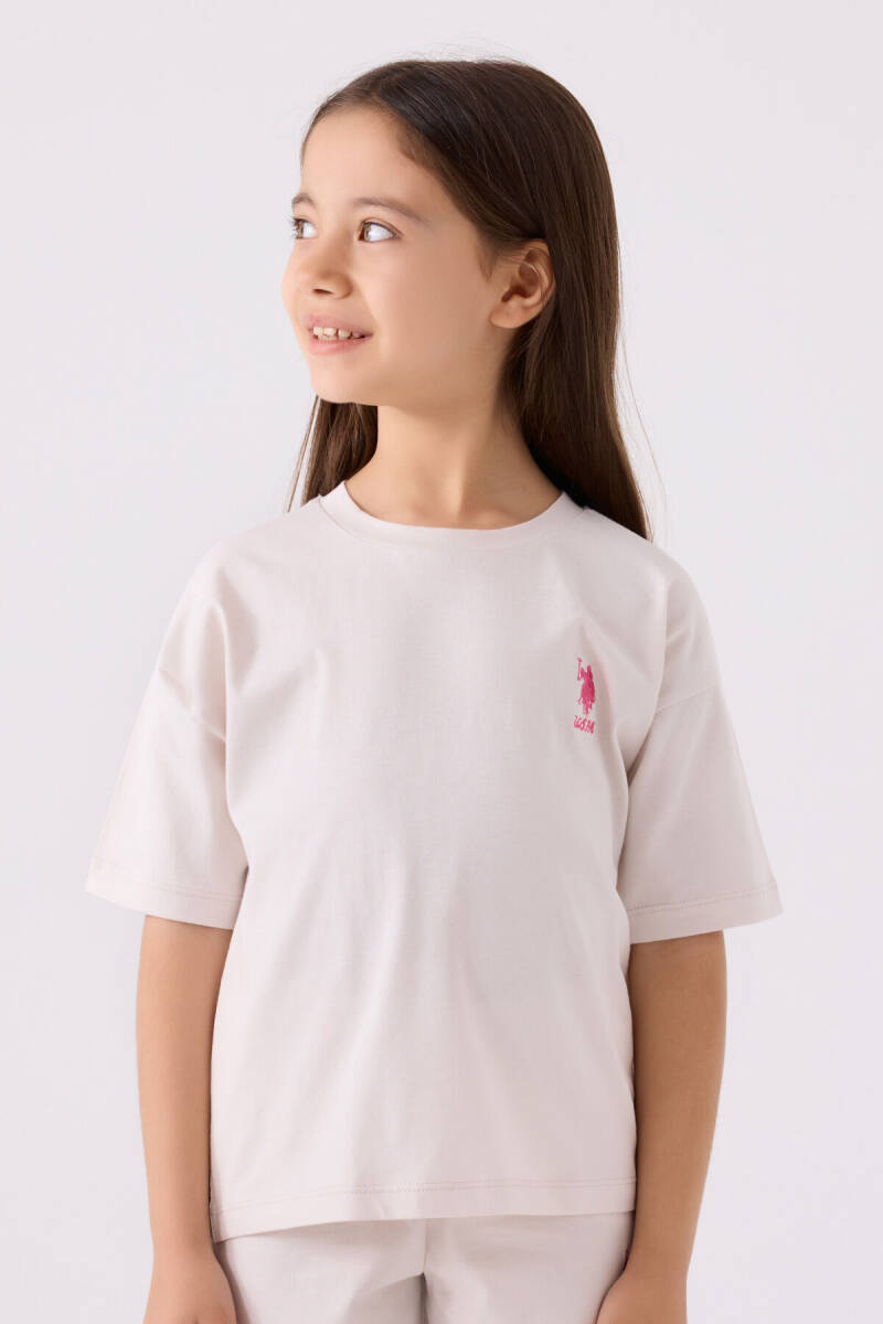 U.S. Polo Assn. Kız Çocuk Pamuklu Bisiklet Yaka Sargı Nakışlı Yazlık Regular Fit Krem Bermuda Takım US1848-C-V18 - 2