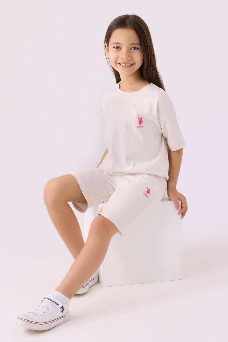 U.S. Polo Assn. Kız Çocuk Pamuklu Bisiklet Yaka Sargı Nakışlı Yazlık Regular Fit Krem Bermuda Takım US1848-C-V18 - 3