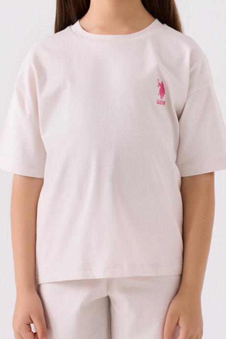 U.S. Polo Assn. Kız Çocuk Pamuklu Bisiklet Yaka Sargı Nakışlı Yazlık Regular Fit Krem Bermuda Takım US1848-C-V18 - 4
