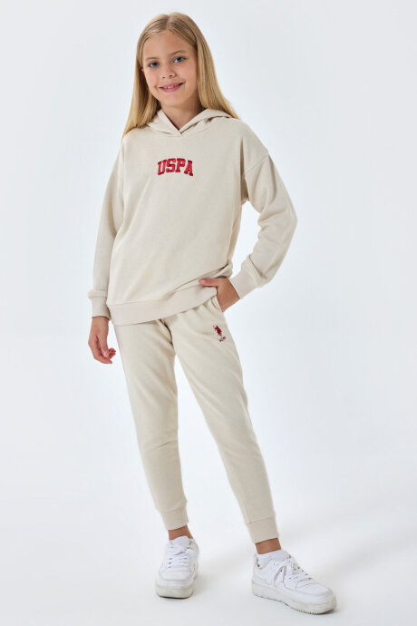 U.S. Polo Assn. Kız Çocuk Pamuklu Kapüşonlu Sargı Nakışlı Kışlık Regular Fit Krem Eşofman Takımı US1662-C-V1 - 5