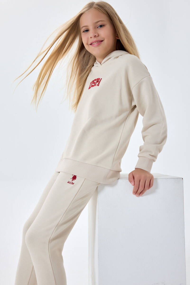 U.S. Polo Assn. Kız Çocuk Pamuklu Kapüşonlu Sargı Nakışlı Kışlık Regular Fit Krem Eşofman Takımı US1662-C-V1 - 4