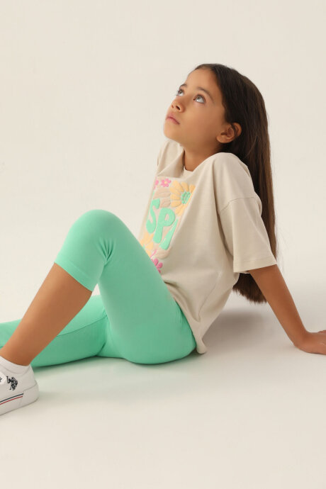 U.S. Polo Assn. Kız Çocuk Pamuklu Bisiklet Yaka Pigment Baskılı Yazlık Regular Fit Krem Tayt Takım US1800-C-V1 - 3