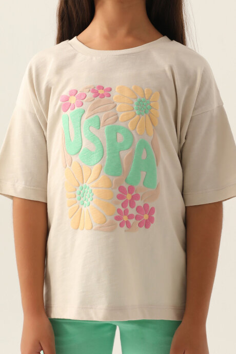U.S. Polo Assn. Kız Çocuk Pamuklu Bisiklet Yaka Pigment Baskılı Yazlık Regular Fit Krem Tayt Takım US1800-C-V1 - 4