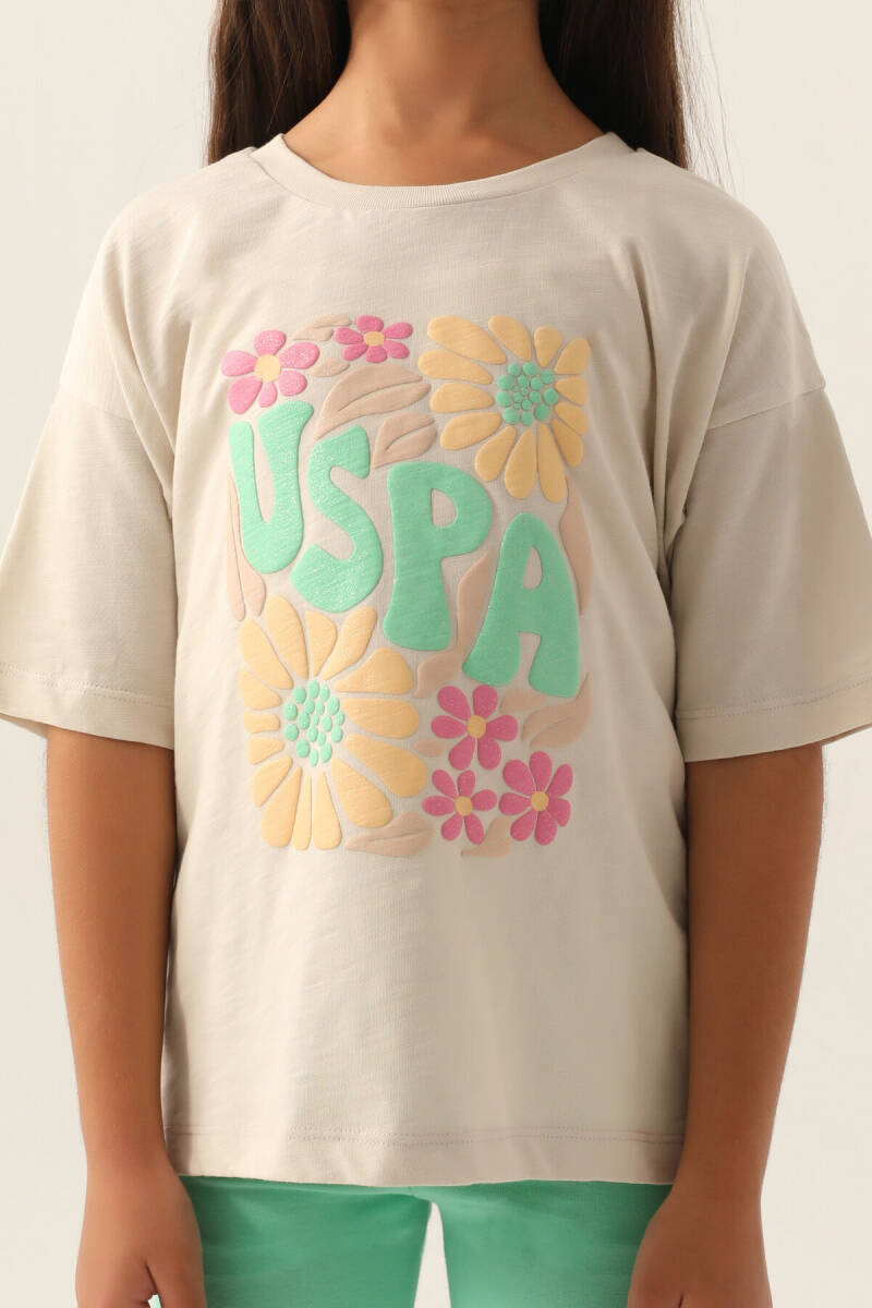U.S. Polo Assn. Kız Çocuk Pamuklu Bisiklet Yaka Pigment Baskılı Yazlık Regular Fit Krem Tayt Takım US1800-C-V1 - 4