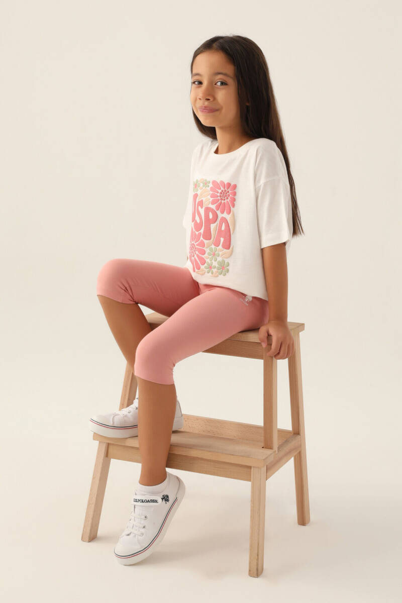U.S. Polo Assn. Kız Çocuk Bisiklet Yaka Pigment Baskılı Yazlık Regular Fit Beyaz Kapri Takım US1800-C-V2 - 2